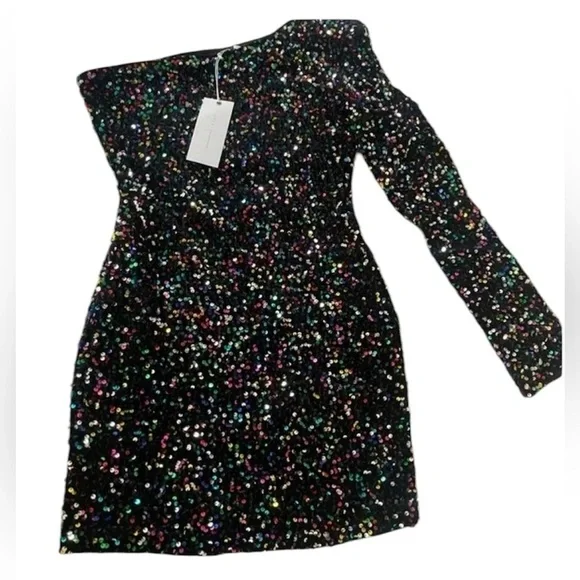 Vici Lush Faye Black Sequin Velvet Base One Shoulder Mini Dress Size XL NWT - Picture 3 of 7